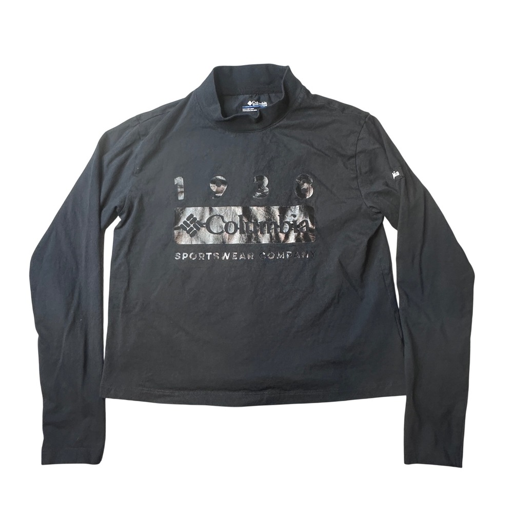 Columbia Shirt Womens XS Black 1938 Sportswear Mock Neck Long Sleeve Graphic Tee